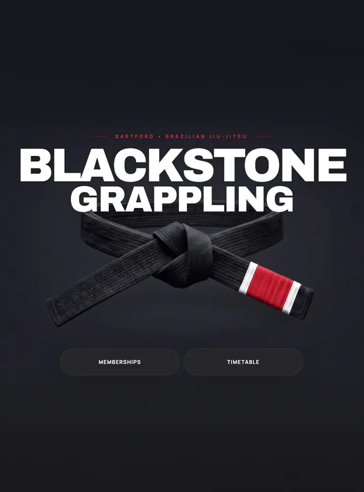 Mobile responsive view of the bespoke dark-themed website design for Blackstone Grappling martial arts academy.